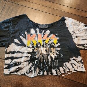 KISS Crop Top Tie-Dye Graphic T-Shirt - Black and White Small Women's Band Tee